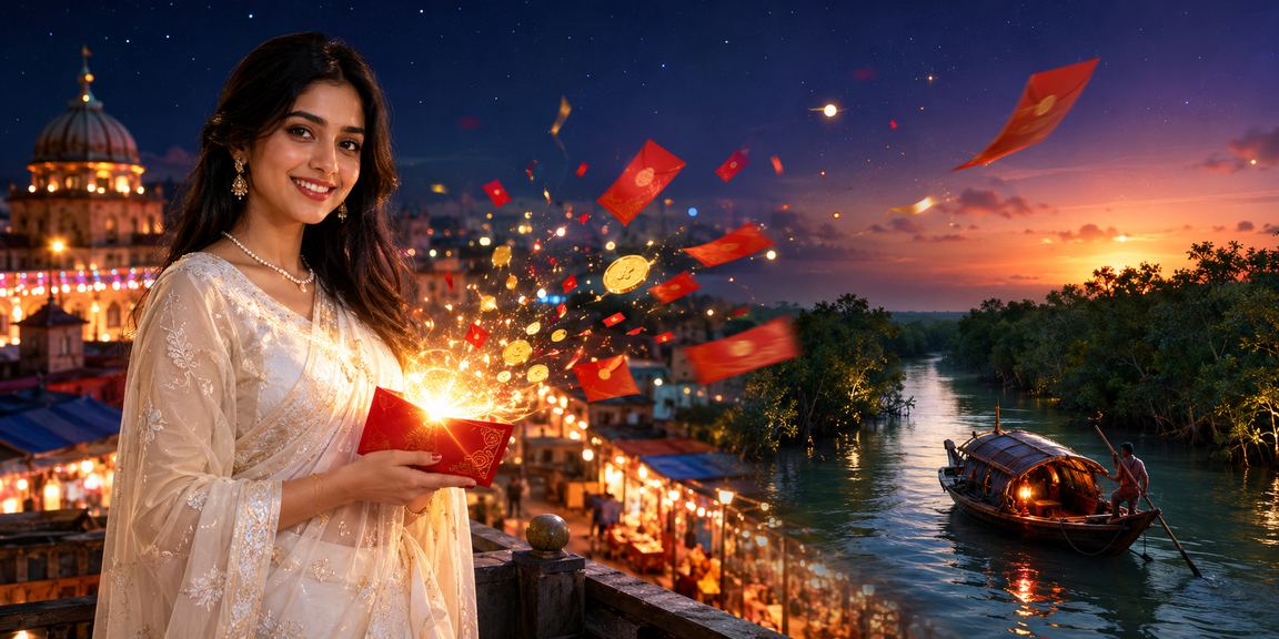 সুন্দরবনে একটি মডেল হাতে লাল উপহার বকসা নিয়ে হাসছেন